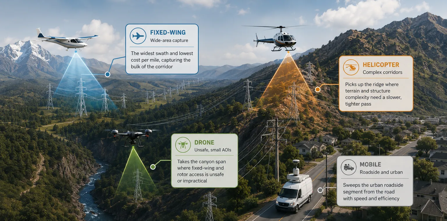 Illustrated transmission corridor across mountains, canyon, and a town, captured by a fixed wing aircraft, a helicopter, a drone, and a mapping vehicle